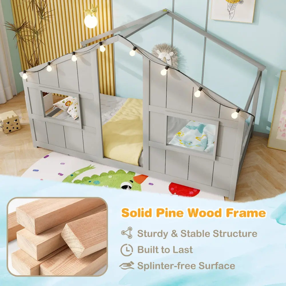 Twin Size House Bed with LED Lights Montessori Slat-free Floor Bed-Grey - Gray - Toddler Beds