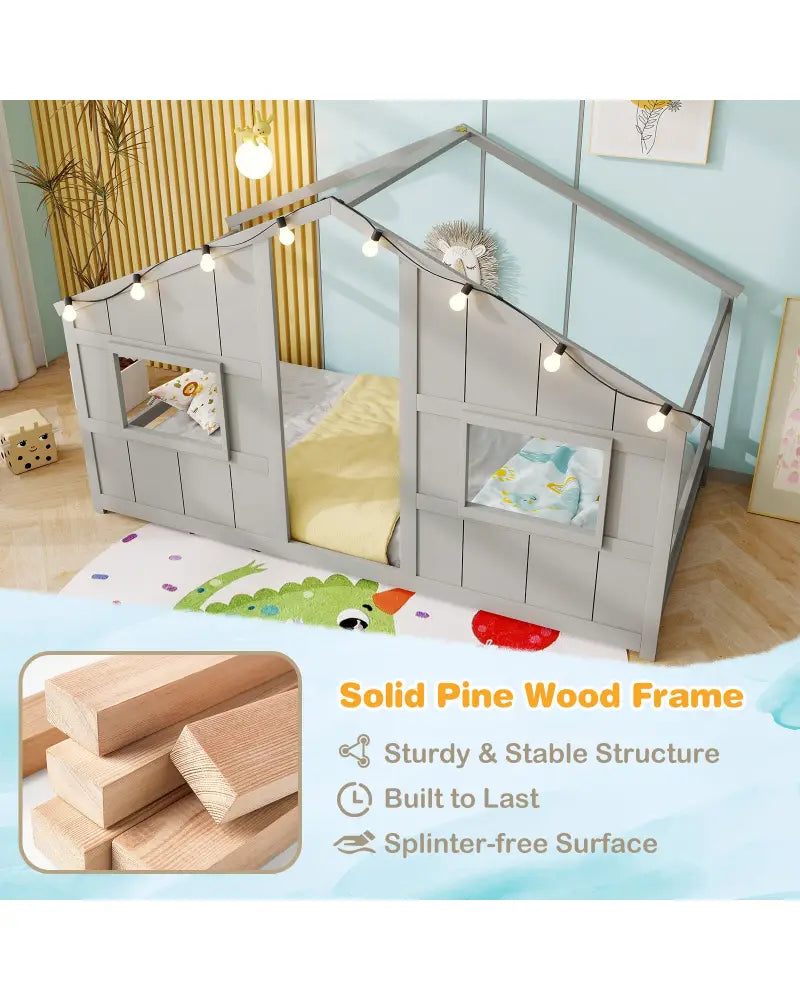 Twin Size House Bed with LED Lights Montessori Slat-free Floor Bed-Grey - Gray - Toddler Beds