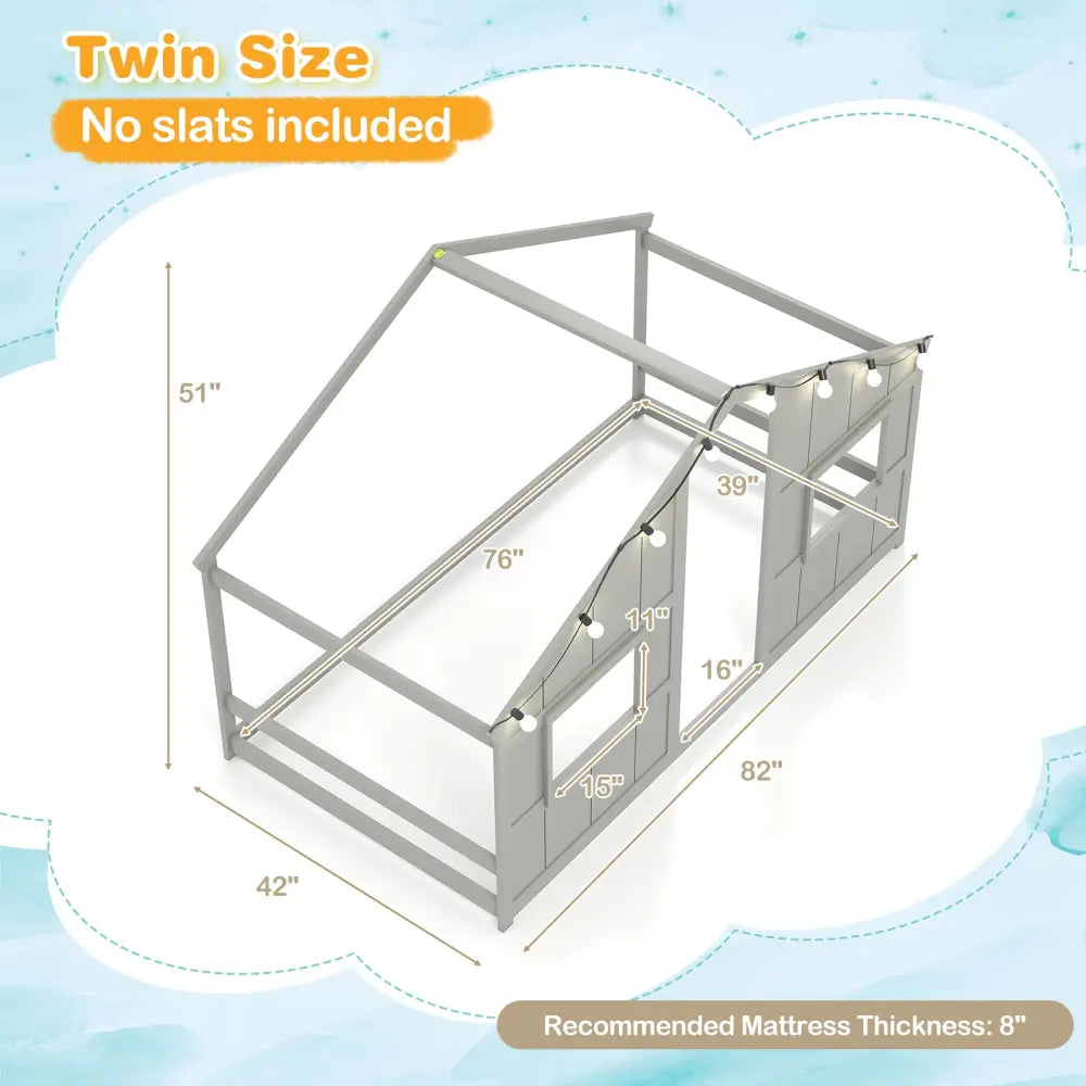 Twin Size House Bed with LED Lights Montessori Slat-free Floor Bed-Grey - Gray - Toddler Beds