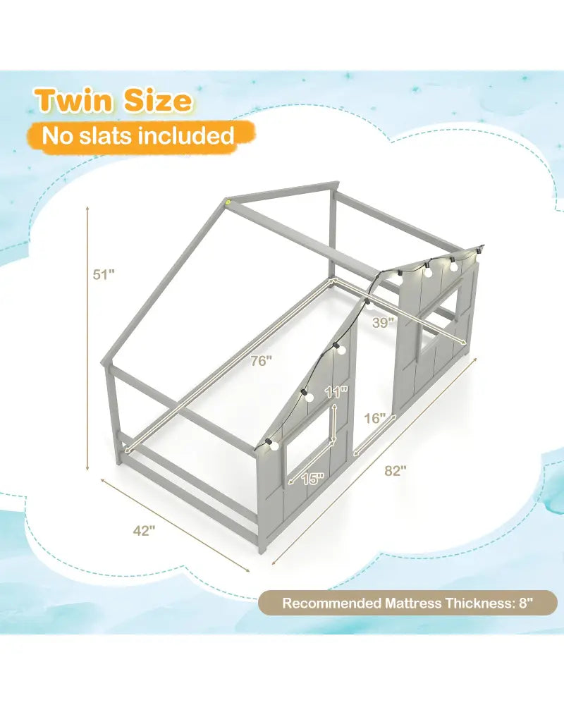 Twin Size House Bed with LED Lights Montessori Slat-free Floor Bed-Grey - Gray - Toddler Beds