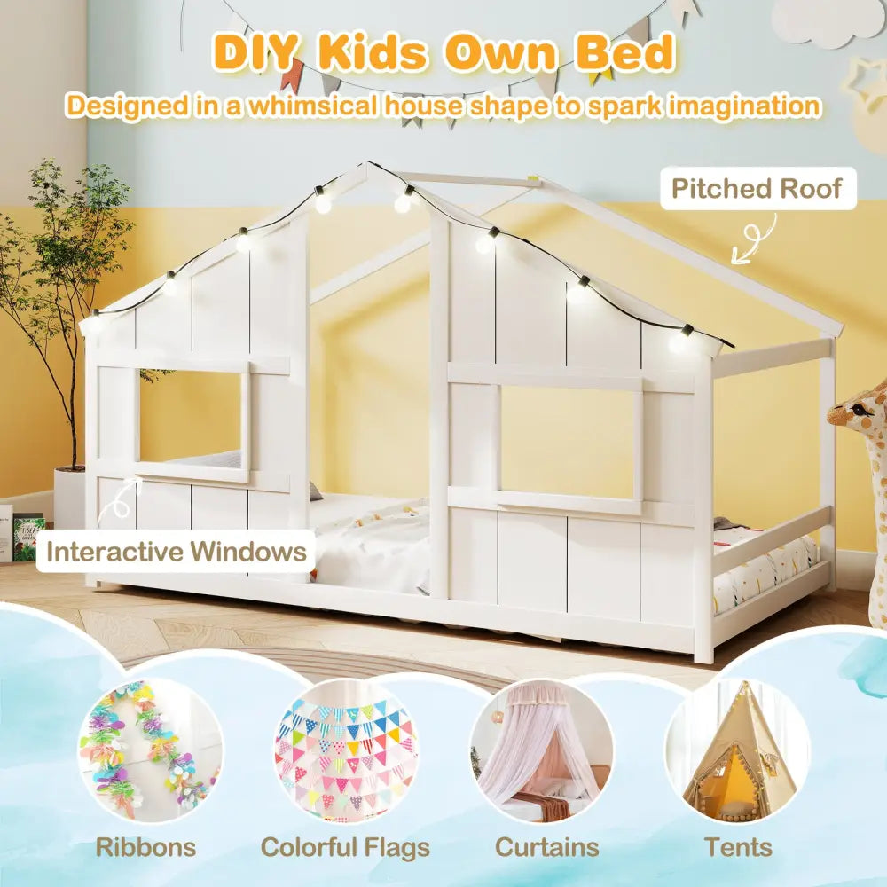 Twin Size House Bed with LED Lights Montessori Slat-free Floor Bed-White - White - Toddler Beds