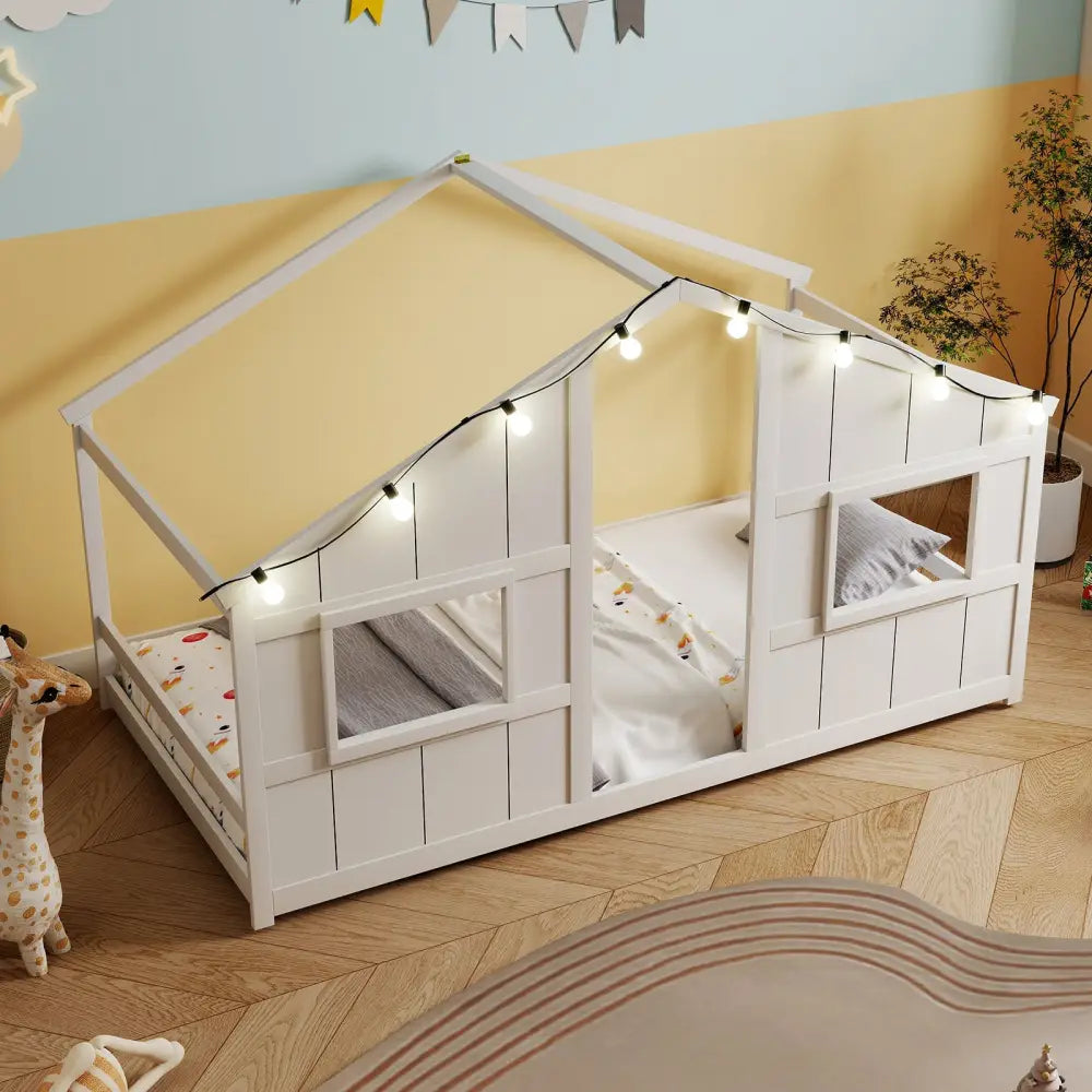 Twin Size House Bed with LED Lights Montessori Slat-free Floor Bed-White - White - Toddler Beds