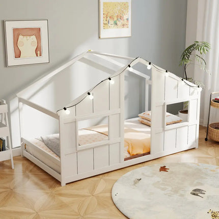 Twin Size House Bed with LED Lights Montessori Slat-free Floor Bed-White - White - Toddler Beds
