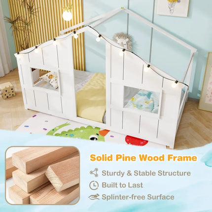 Twin Size House Bed with LED Lights Montessori Slat-free Floor Bed-White - White - Toddler Beds