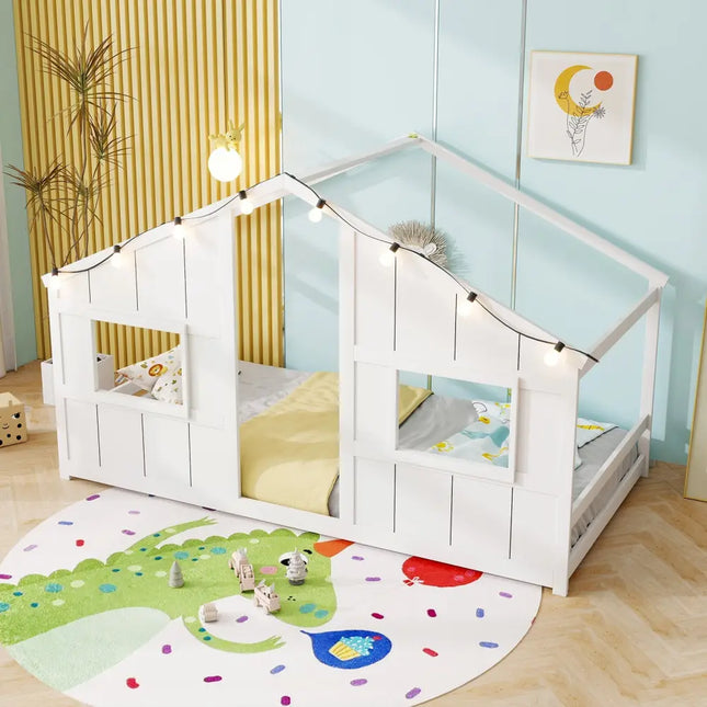 Twin Size House Bed with LED Lights Montessori Slat-free Floor Bed-White - White - Toddler Beds