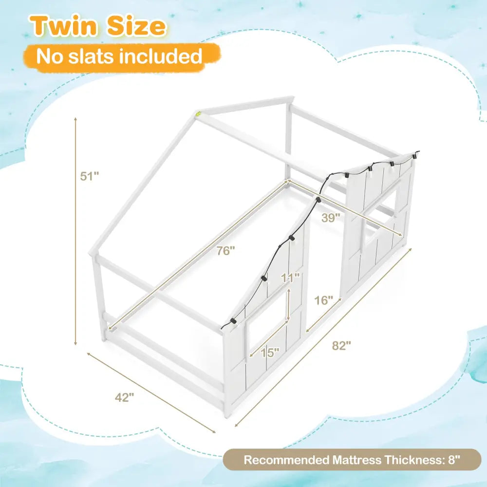 Twin Size House Bed with LED Lights Montessori Slat-free Floor Bed-White - White - Toddler Beds