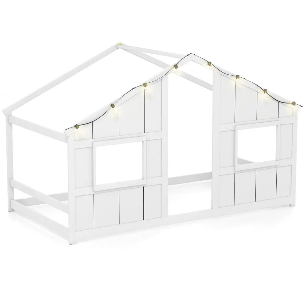 Twin Size House Bed with LED Lights Montessori Slat-free Floor Bed-White - White - Toddler Beds