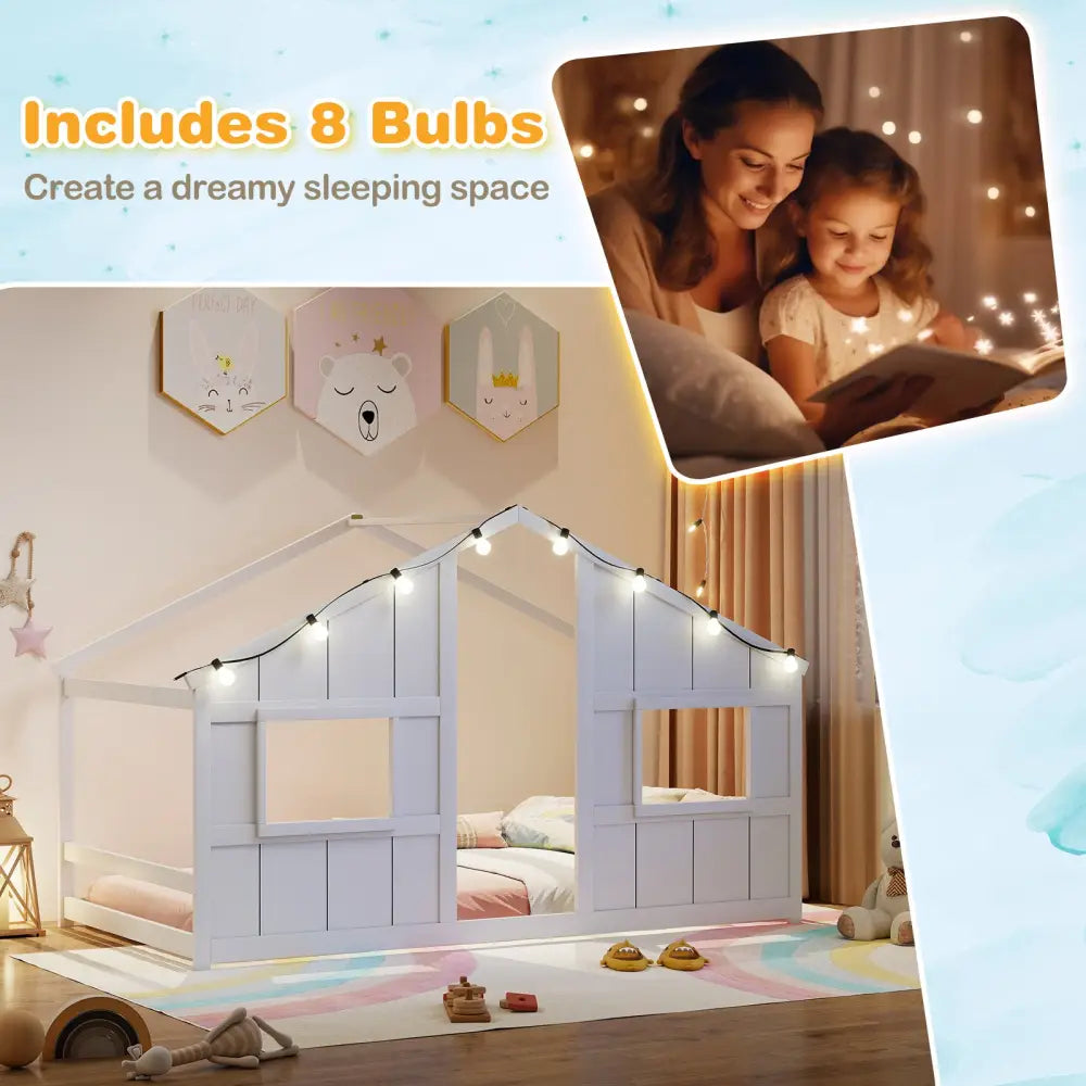 Twin Size House Bed with LED Lights Montessori Slat-free Floor Bed-White - White - Toddler Beds