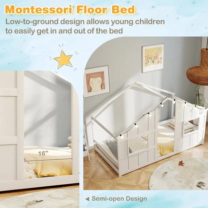 Twin Size House Bed with LED Lights Montessori Slat-free Floor Bed-White - White - Toddler Beds