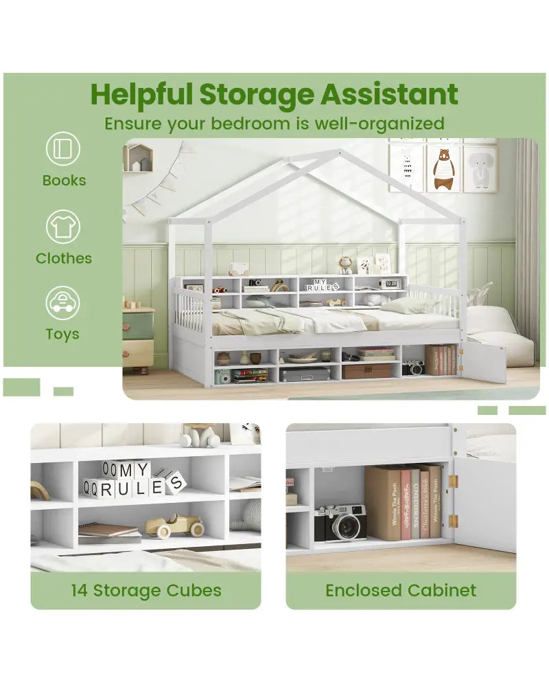 Twin Size House Bed with Roof with 14 Storage Cubes and Enclosed Cabinet-White - White - Trundle Bed Frame