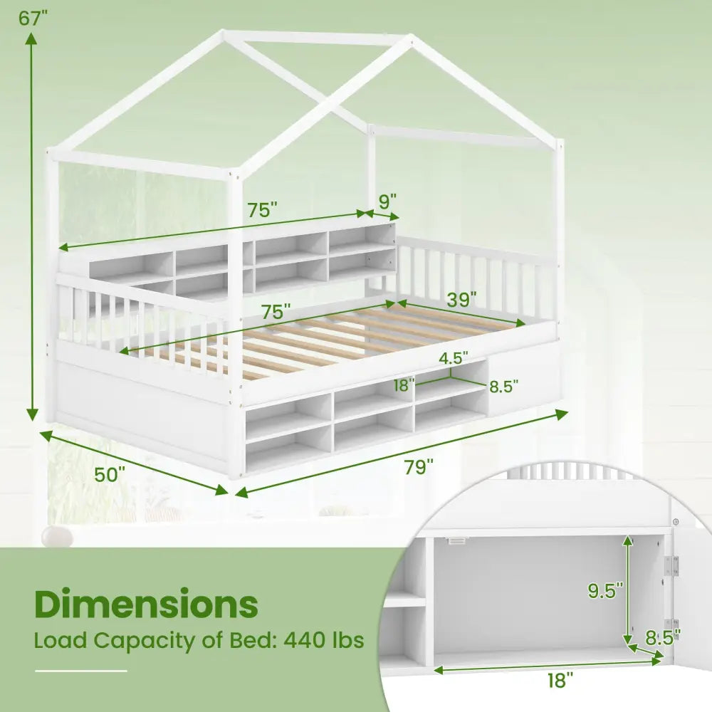 Twin Size House Bed with Roof with 14 Storage Cubes and Enclosed Cabinet-White - White - Trundle Bed Frame