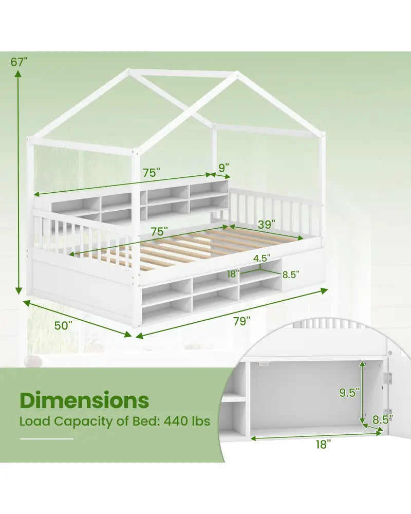 Twin Size House Bed with Roof with 14 Storage Cubes and Enclosed Cabinet-White - White - Trundle Bed Frame