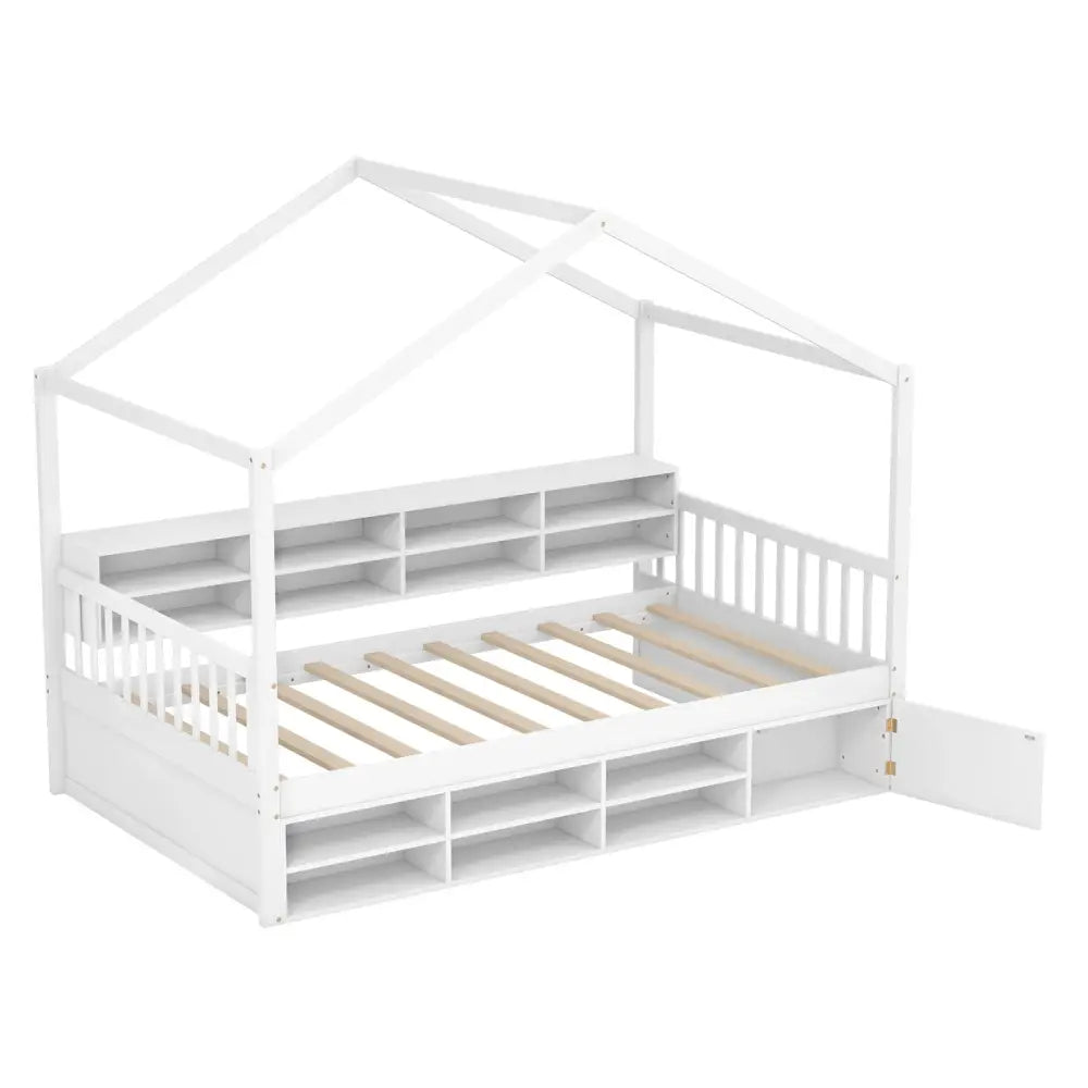 Twin Size House Bed with Roof with 14 Storage Cubes and Enclosed Cabinet-White - White - Trundle Bed Frame