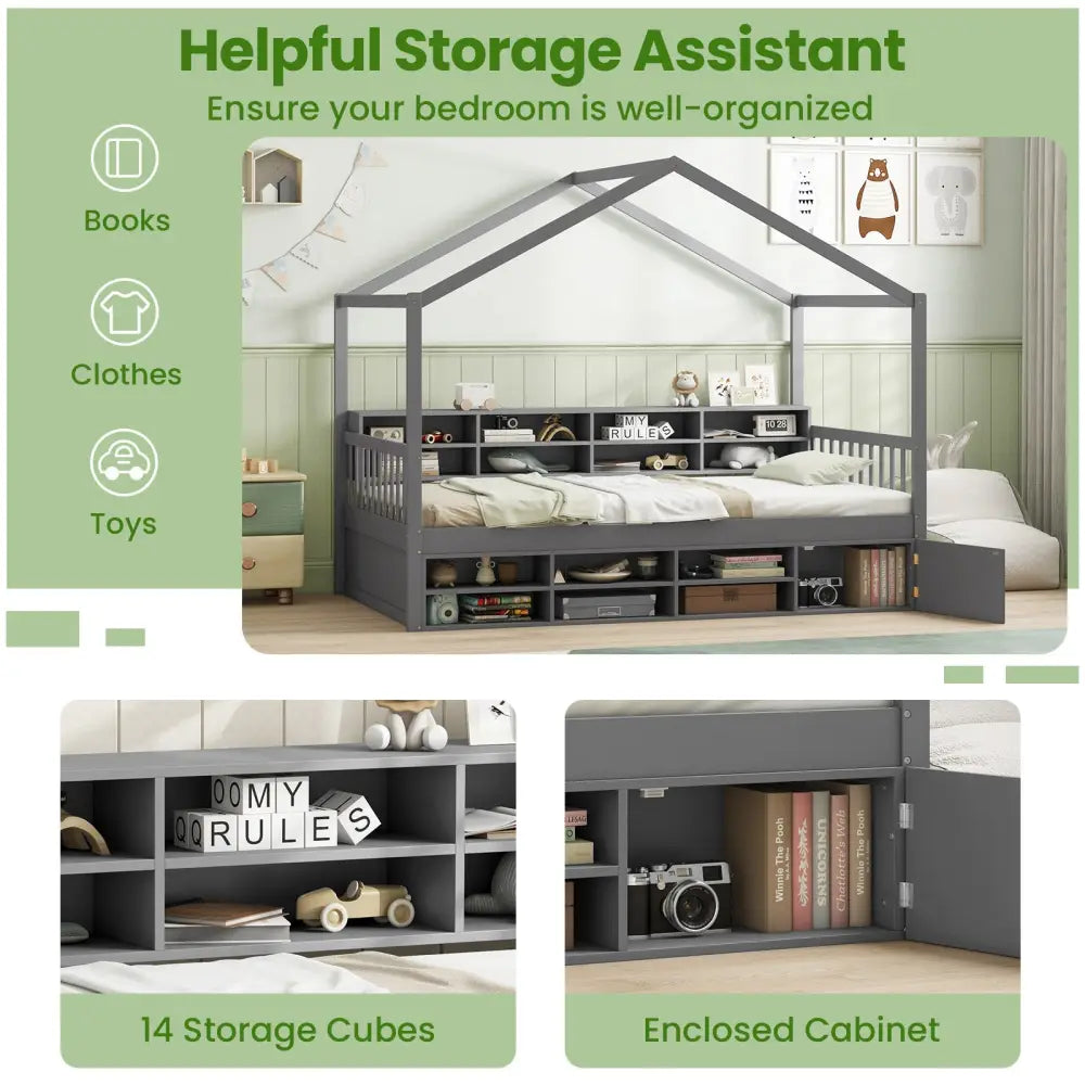 Twin Size House Bed with Roof with 14 Storage Cubes and Enclosed Cabinet-Gray - Gray - Trundle Bed Frame
