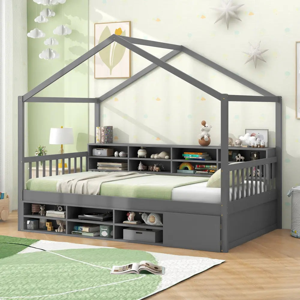 Twin Size House Bed with Roof with 14 Storage Cubes and Enclosed Cabinet-Gray - Gray - Trundle Bed Frame