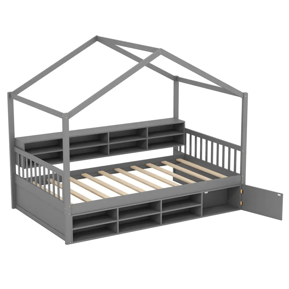 Twin Size House Bed with Roof with 14 Storage Cubes and Enclosed Cabinet-Gray - Gray - Trundle Bed Frame