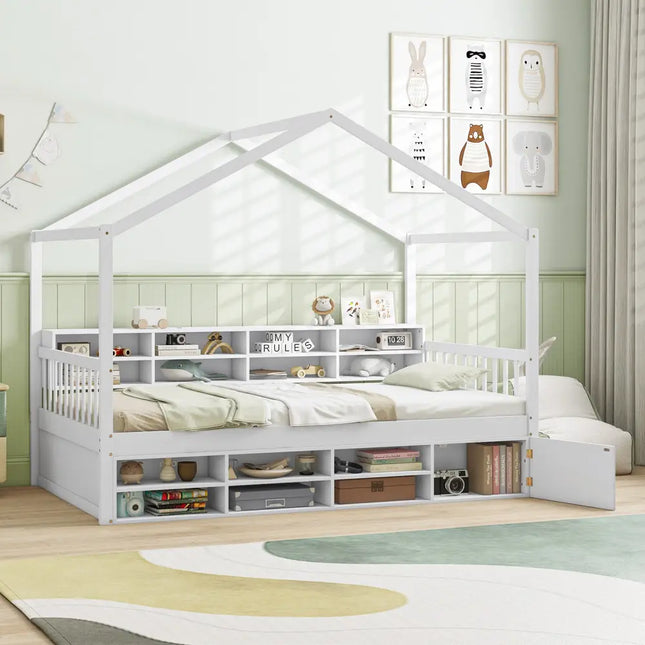Twin Size House Bed with Roof with 14 Storage Cubes and Enclosed Cabinet-White - White - Trundle Bed Frame