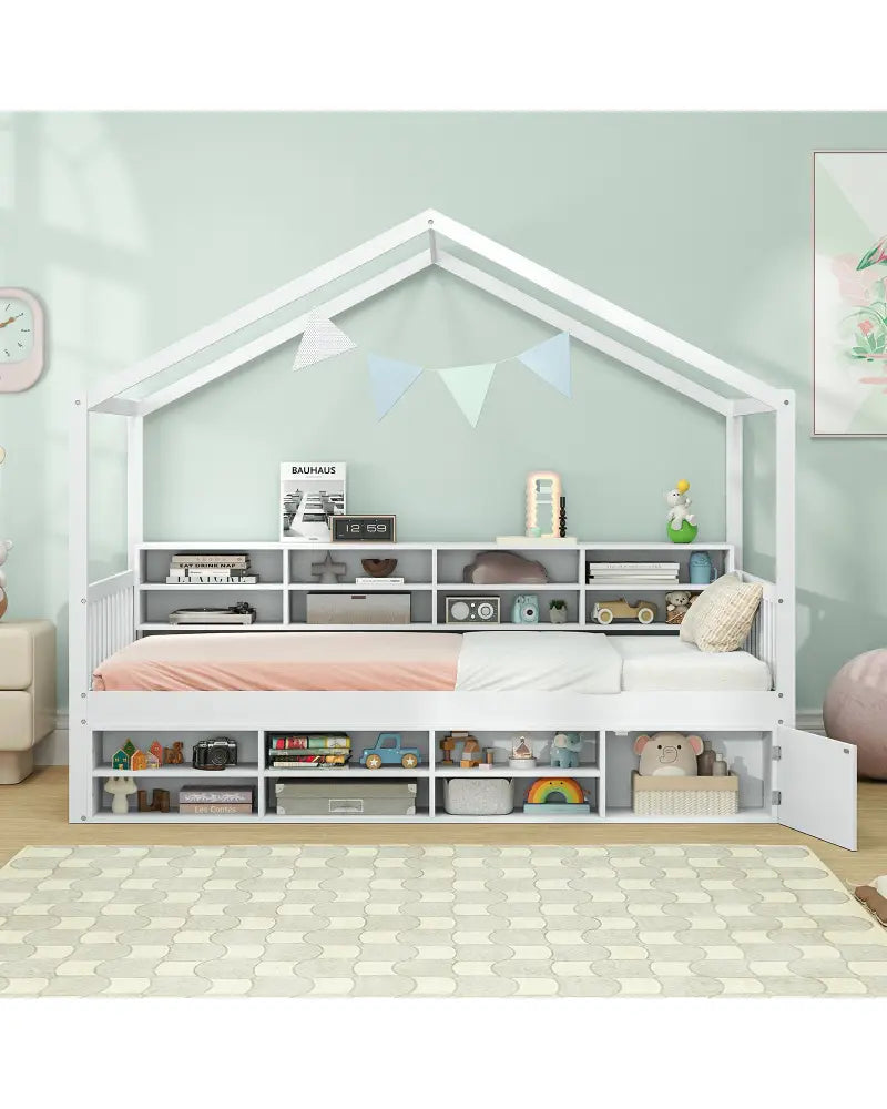 Twin Size House Bed with Roof with 14 Storage Cubes and Enclosed Cabinet-White - White - Trundle Bed Frame