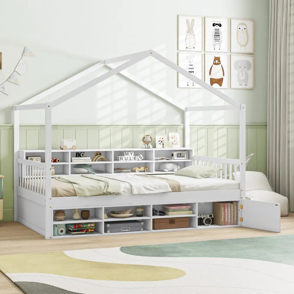 Twin Size House Bed with Roof with 14 Storage Cubes and Enclosed Cabinet-White - White - Trundle Bed Frame