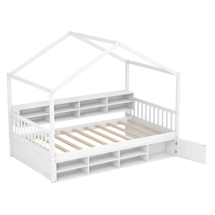 Twin Size House Bed with Roof with 14 Storage Cubes and Enclosed Cabinet-White - White - Trundle Bed Frame