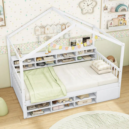 Twin Size House Bed with Roof with 14 Storage Cubes and Enclosed Cabinet-White - White - Trundle Bed Frame
