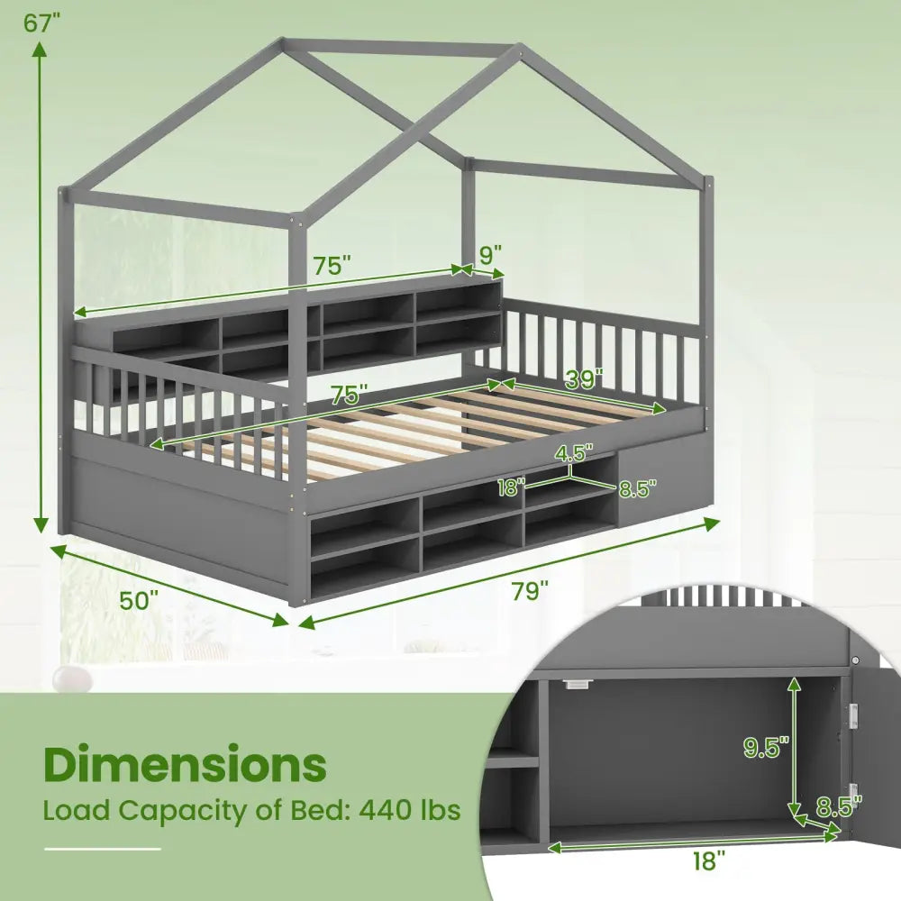 Twin Size House Bed with Roof with 14 Storage Cubes and Enclosed Cabinet-Gray - Gray - Trundle Bed Frame