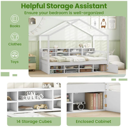 Twin Size House Bed with Roof with 14 Storage Cubes and Enclosed Cabinet-White - White - Trundle Bed Frame