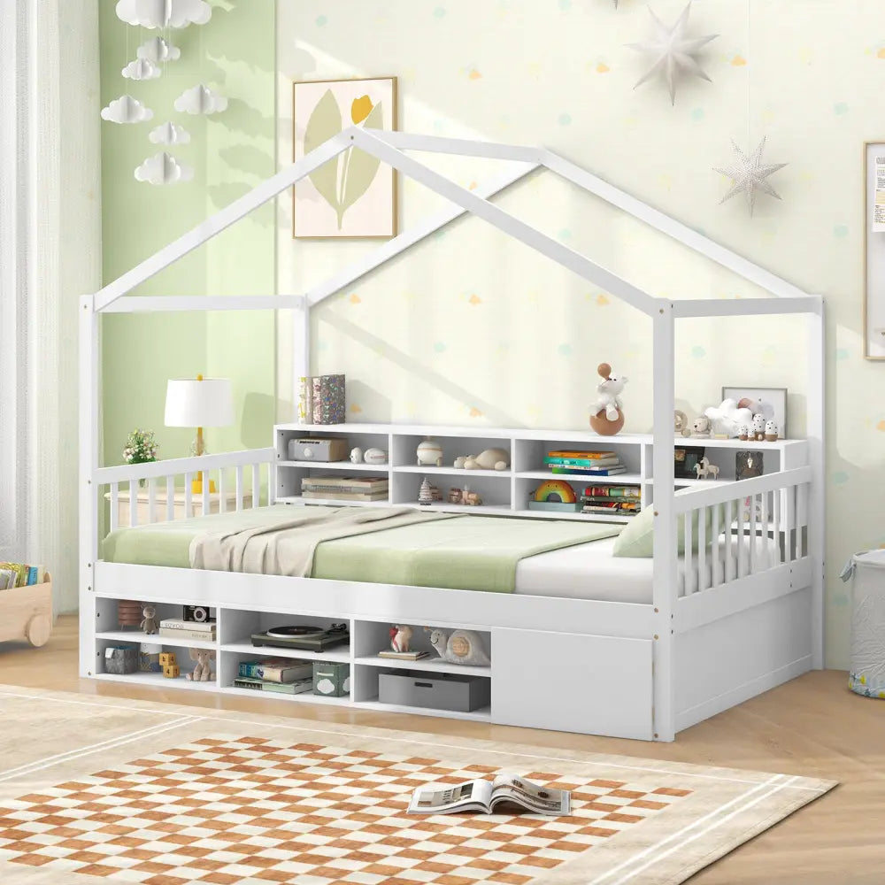 Twin Size House Bed with Roof with 14 Storage Cubes and Enclosed Cabinet-White - White - Trundle Bed Frame