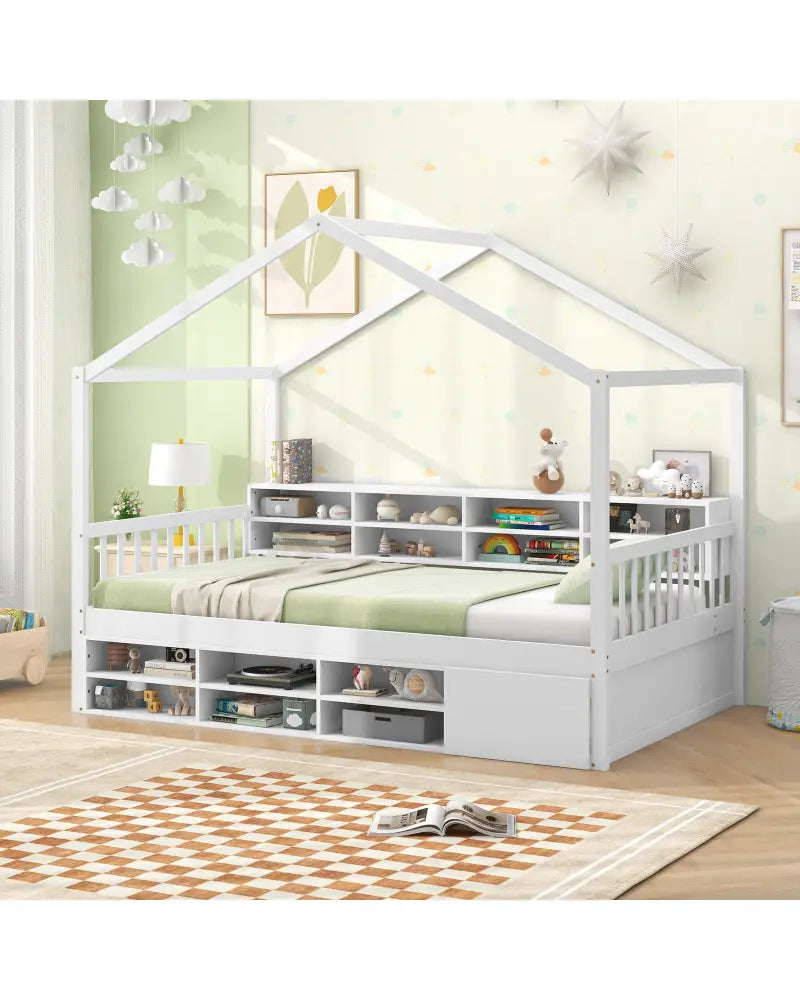 Twin Size House Bed with Roof with 14 Storage Cubes and Enclosed Cabinet-White - White - Trundle Bed Frame