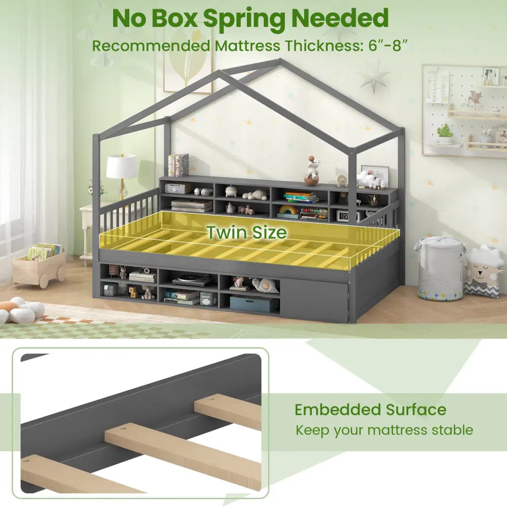 Twin Size House Bed with Roof with 14 Storage Cubes and Enclosed Cabinet-Gray - Gray - Trundle Bed Frame