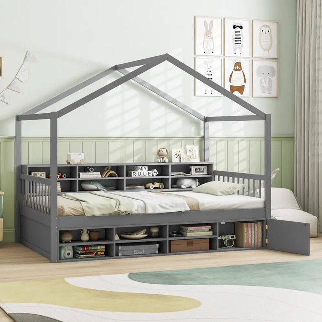 Twin Size House Bed with Roof with 14 Storage Cubes and Enclosed Cabinet-Gray - Gray - Trundle Bed Frame