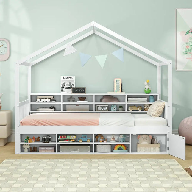 Twin Size House Bed with Roof with 14 Storage Cubes and Enclosed Cabinet-White - White - Trundle Bed Frame