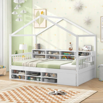 Twin Size House Bed with Roof with 14 Storage Cubes and Enclosed Cabinet-White - White - Trundle Bed Frame
