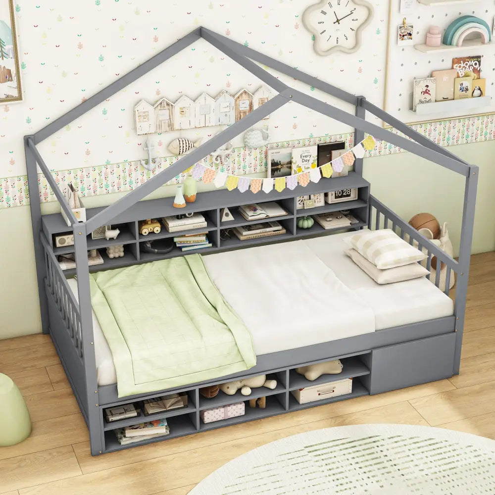 Twin Size House Bed with Roof with 14 Storage Cubes and Enclosed Cabinet-Gray - Gray - Trundle Bed Frame