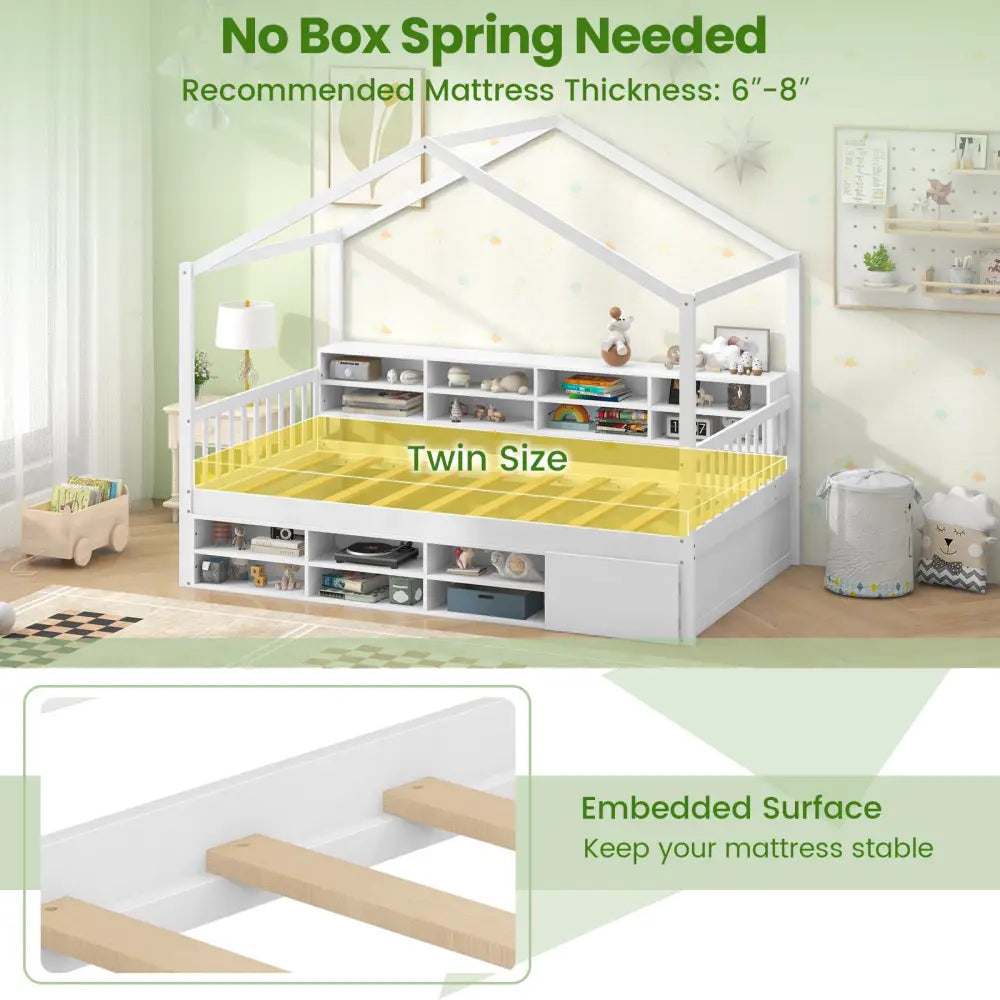 Twin Size House Bed with Roof with 14 Storage Cubes and Enclosed Cabinet-White - White - Trundle Bed Frame
