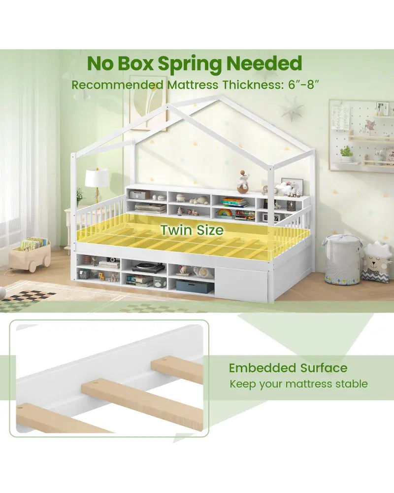 Twin Size House Bed with Roof with 14 Storage Cubes and Enclosed Cabinet-White - White - Trundle Bed Frame