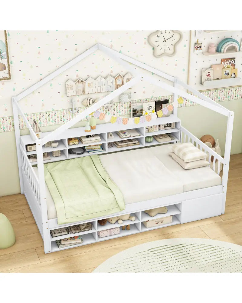Twin Size House Bed with Roof with 14 Storage Cubes and Enclosed Cabinet-White - White - Trundle Bed Frame