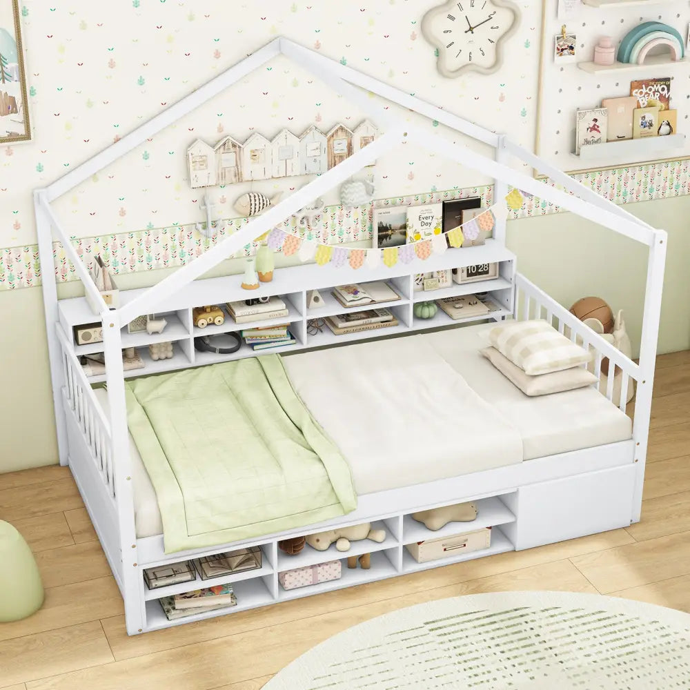 Twin Size House Bed with Roof with 14 Storage Cubes and Enclosed Cabinet-White - White - Trundle Bed Frame