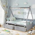 Twin Size House Bed with Roof and Safety Guardrail-Gray - Gray - Toddler Beds