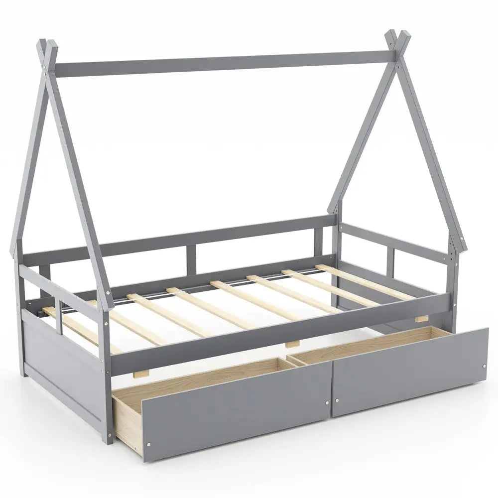 Twin Size House Bed with Roof and Safety Guardrail-Gray - Gray - Toddler Beds