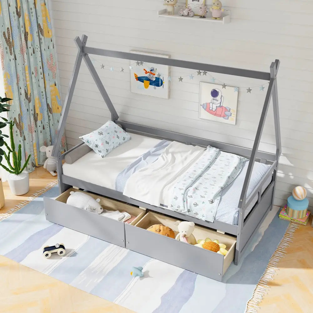 Twin Size House Bed with Roof and Safety Guardrail-Gray - Gray - Toddler Beds