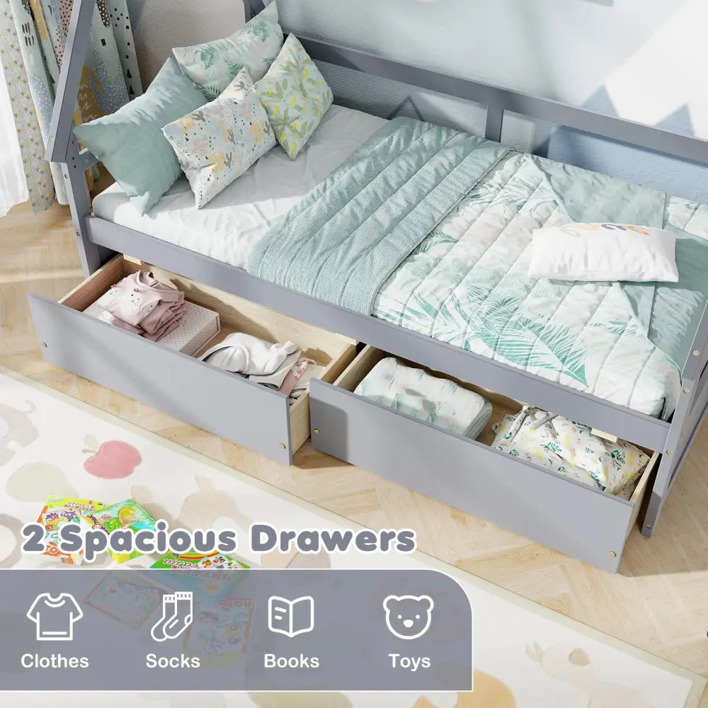 Twin Size House Bed with Roof and Safety Guardrail-Gray - Gray - Toddler Beds
