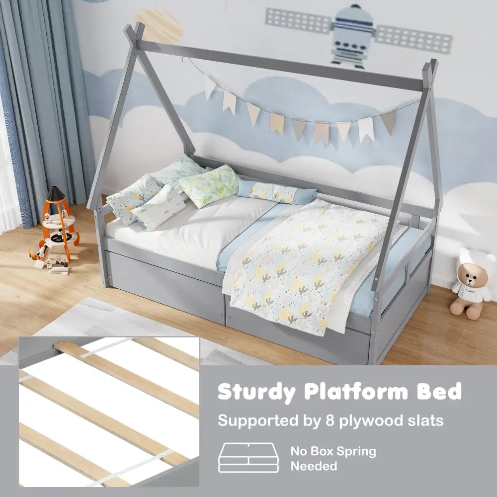 Twin Size House Bed with Roof and Safety Guardrail-Gray - Gray - Toddler Beds