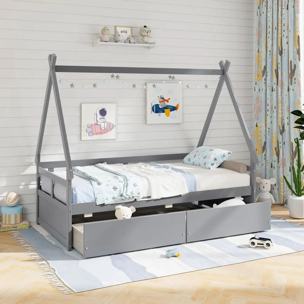 Twin Size House Bed with Roof and Safety Guardrail-Gray - Gray - Toddler Beds