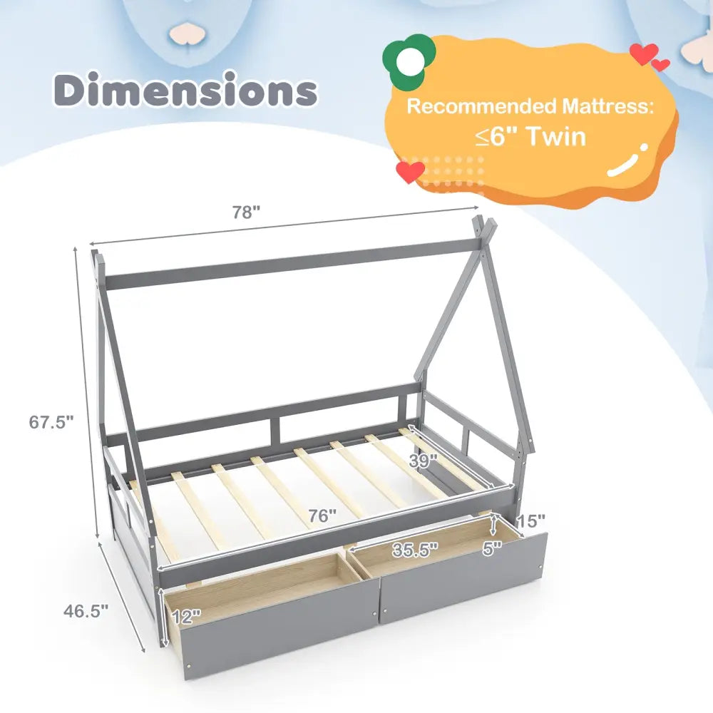 Twin Size House Bed with Roof and Safety Guardrail-Gray - Gray - Toddler Beds