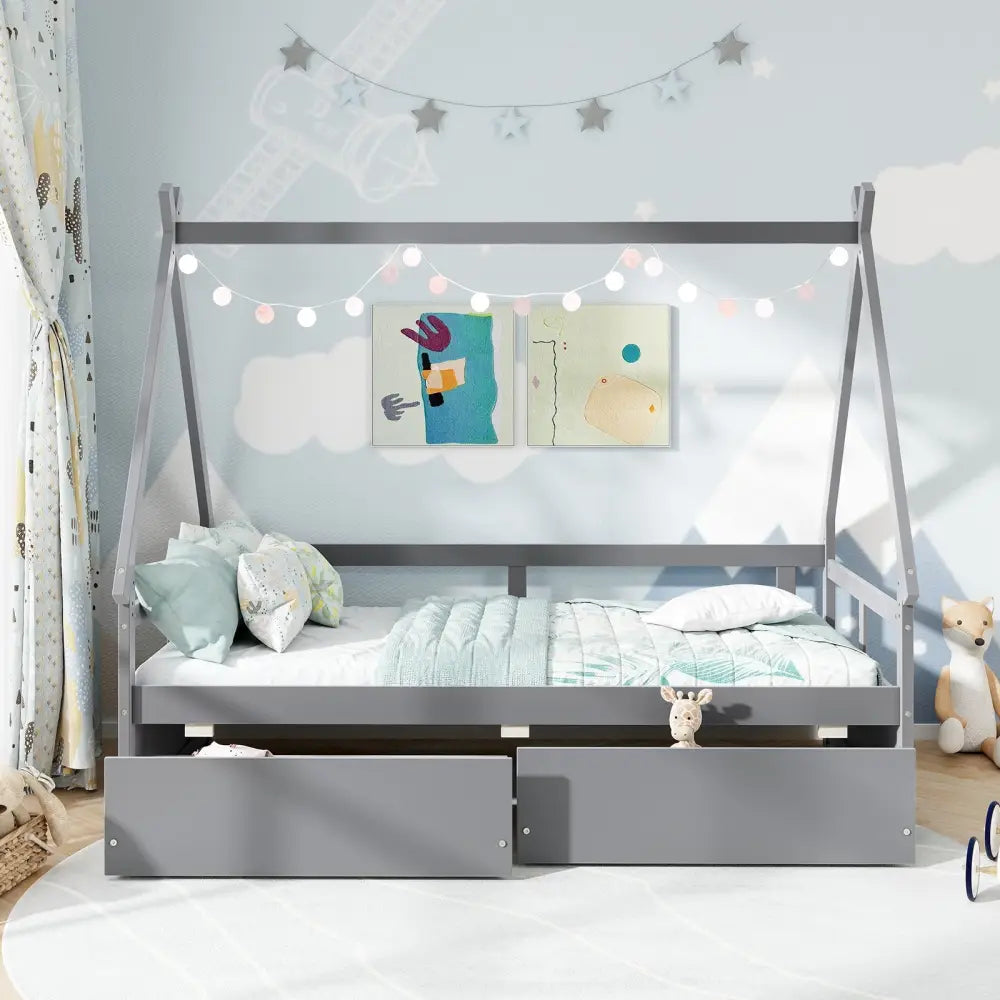 Twin Size House Bed with Roof and Safety Guardrail-Gray - Gray - Toddler Beds