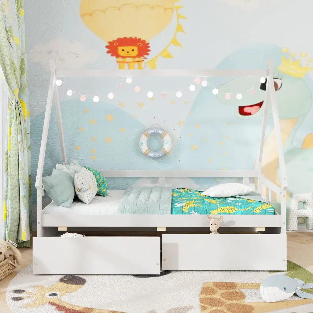 Twin Size House Bed with Roof and Safety Guardrail-White - White - Toddler Beds