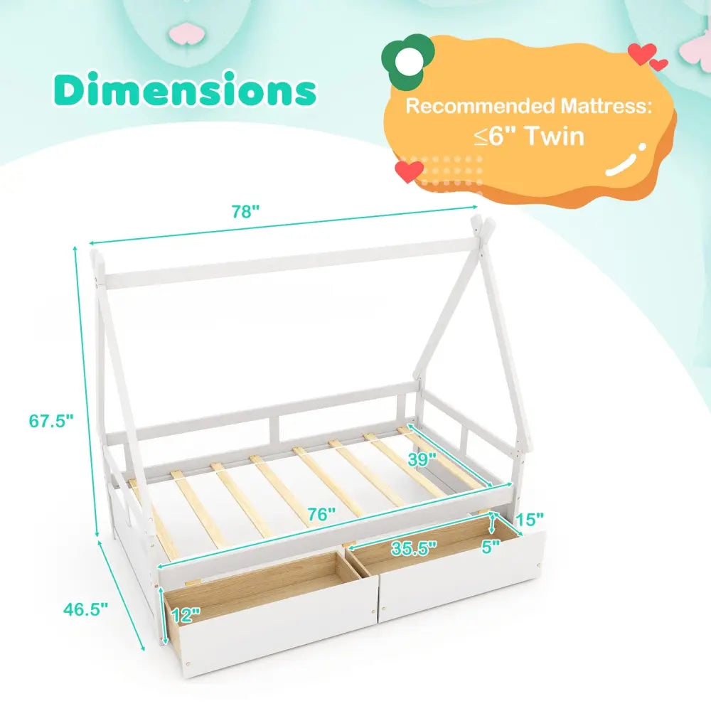 Twin Size House Bed with Roof and Safety Guardrail-White - White - Toddler Beds