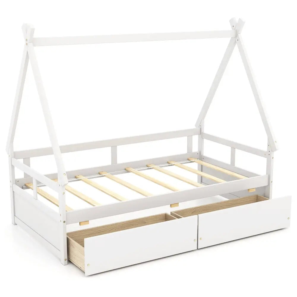 Twin Size House Bed with Roof and Safety Guardrail-White - White - Toddler Beds