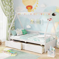 Twin Size House Bed with Roof and Safety Guardrail-White - White - Toddler Beds